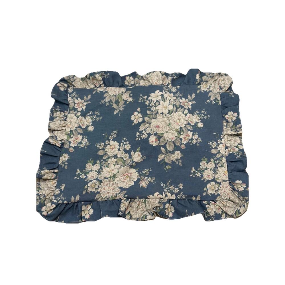 Vintage Martex Blue Beige Floral Ruffled Shabby Chic Cottage Stand Pillow Shams - Picture 4 of 10